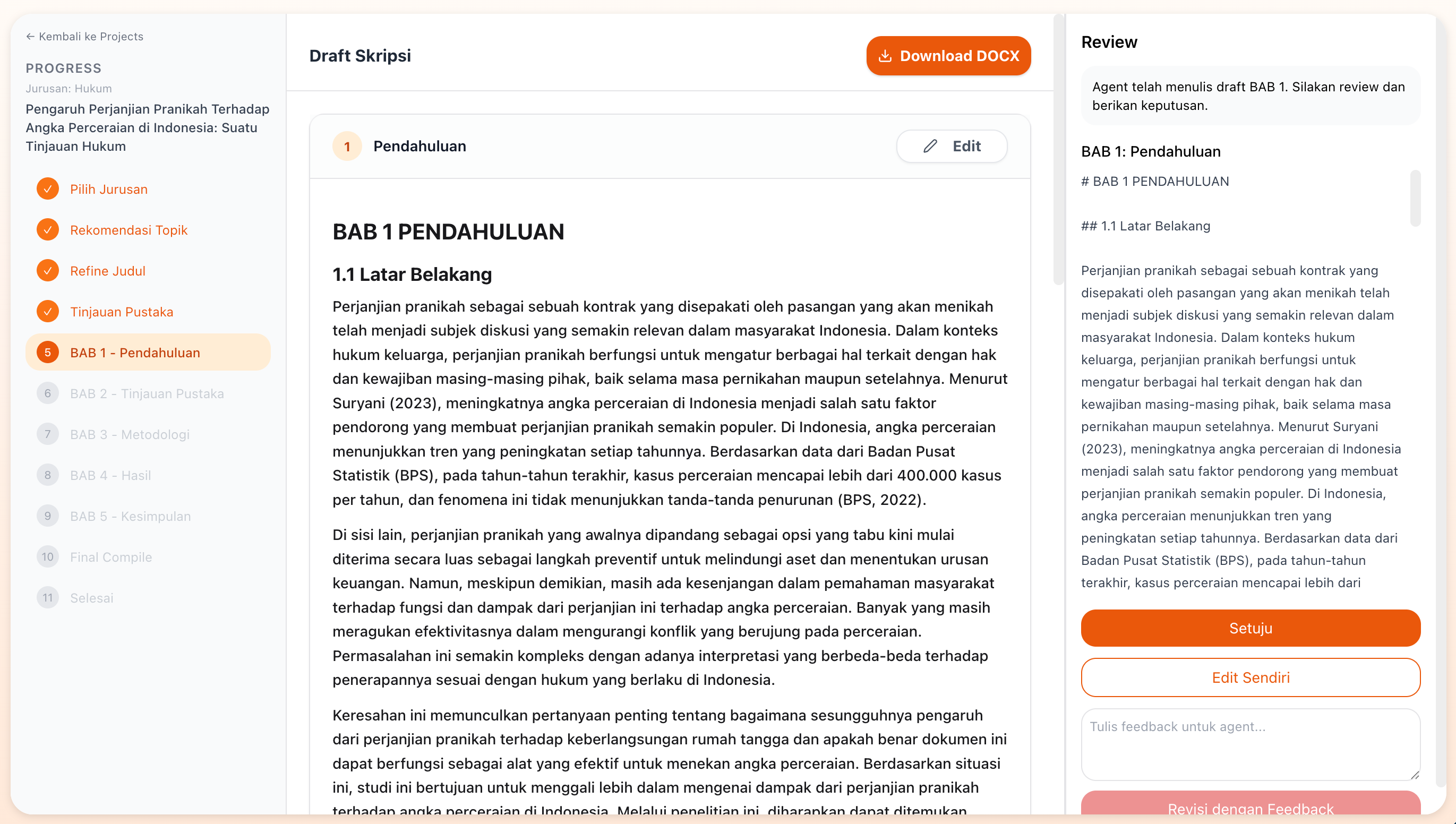 Tampilan Agent Skripsi di app SOM AI: panel Progress di kiri, draft BAB 1 di tengah, panel Review dengan tombol Setuju, Edit Sendiri, dan Revisi dengan Feedback di kanan
