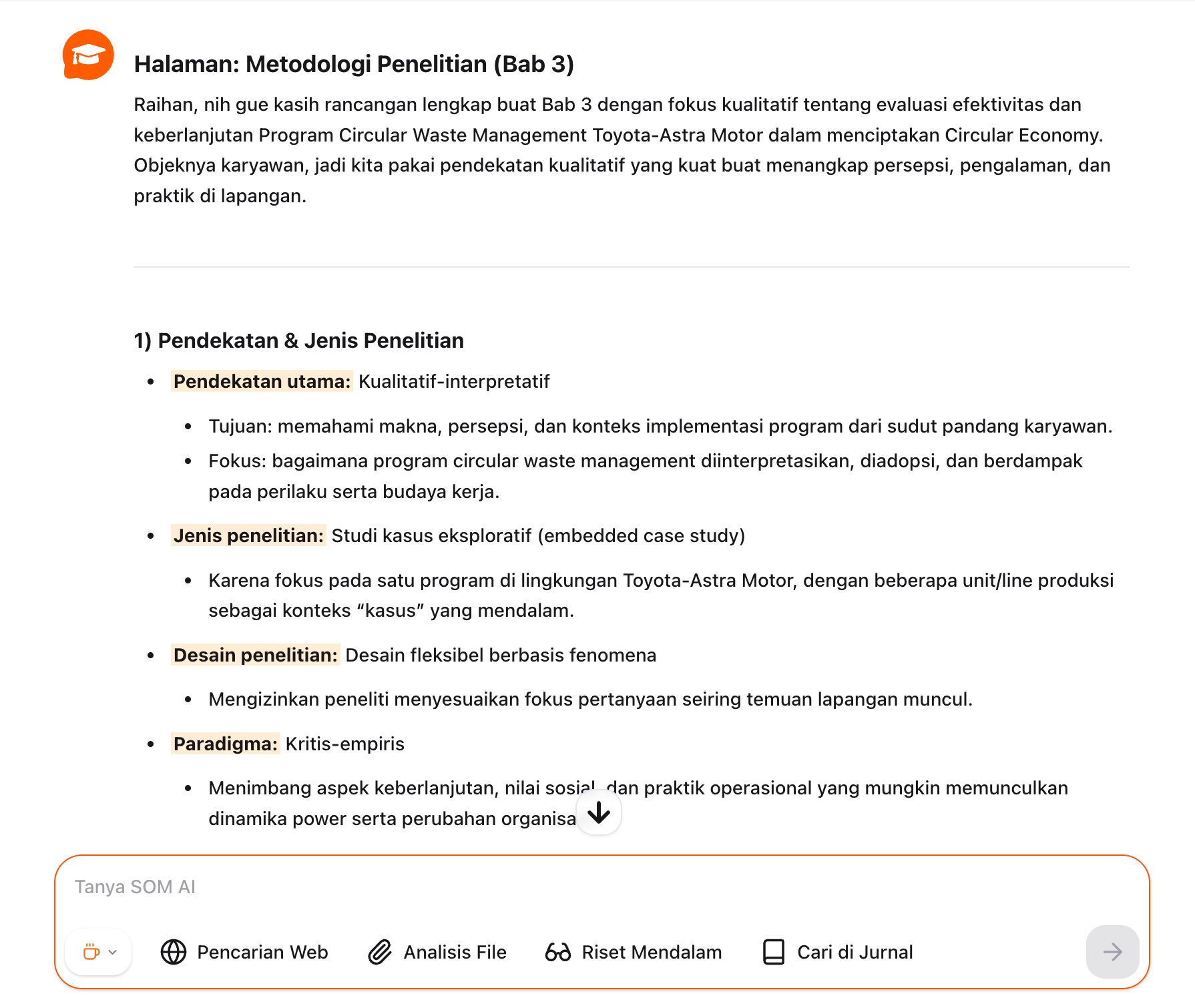 Jawaban SOM AI soal metodologi penelitian Bab 3 dengan label penting disorot oranye, dan kotak input dengan tombol Pencarian Web, Analisis File, Riset Mendalam, Cari di Jurnal